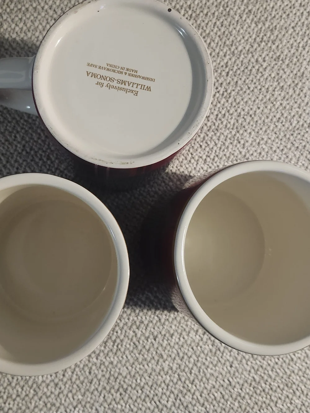 Lot Of 3 Williams Sonoma Red, Green and White Plaid Ceramic Mugs with Gold Rim